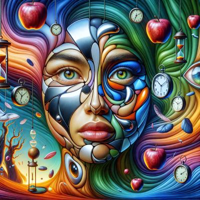 The primary subject of the image is a woman's face, which is the main focus of the artwork. The setting is a colorful and artistic environment, with various elements such as a clock, an apple, a tree, and a bird. The visual style is a combination of digital art and illustration, creating a vibrant and unique mood. The colors and mood of the image are predominantly bright and lively, with a sense of creativity and imagination.